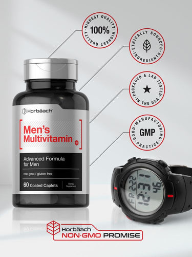 View 6 Horbaach Men's Multivitamin bottle with a watch on a gray background