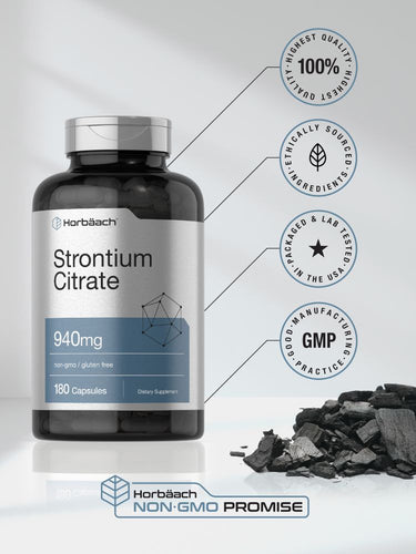 View 7 Bottle of Strontium Citrate supplement with branding and certification logos on a light gray background