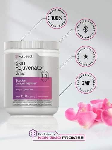Container of Skin Rejuvenator with pink labels and flower petals.