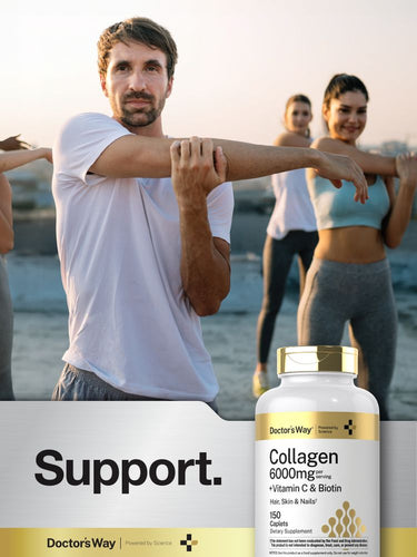 View 6 Man stretching with friends on a beach, supplement bottle labeled 'Collagen' in foreground