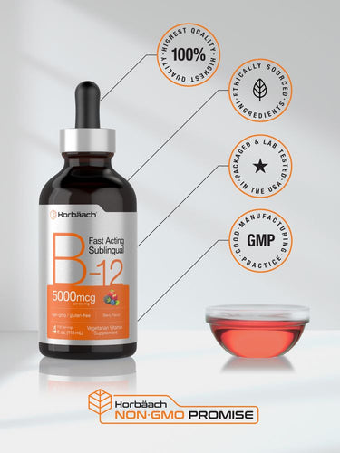 B12 supplement bottle with dropper cap, labeled 'Fast Acting Sublingual', on a light background with certification logos.
