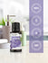 Bottle of lavender essential oil with certification logos on a white background.