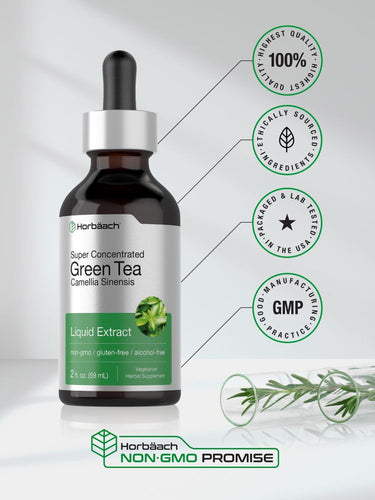 View 6 Bottle of Horbach Super Concentrated Green Tea Liquid Extract with certification logos on a white background