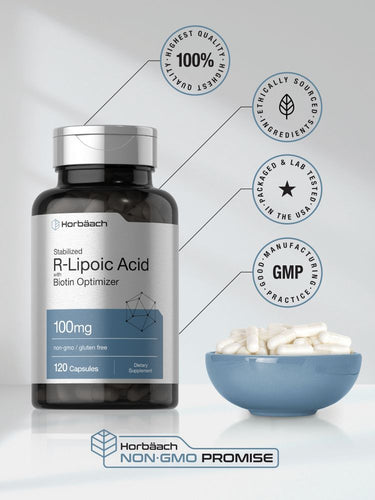 View 6 Bottle of R-Lipoic Acid supplement with a bowl of capsules on a light gray background
