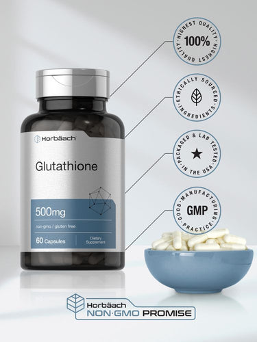 Glutathione supplement bottle with bowl of capsules and certification logos on a light background.