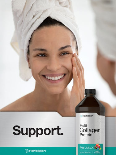 View 6 Woman applying cream to her face with a bottle of Hertäsch Multi Collagen Protein in the foreground.