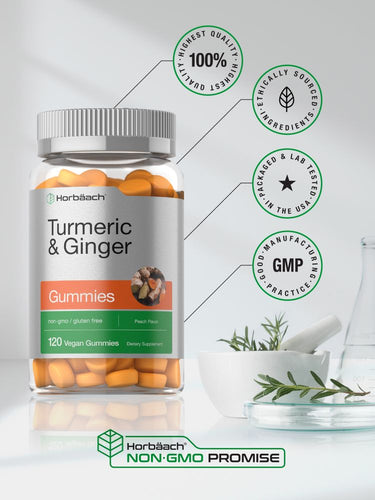 Bottle of Turmeric & Ginger Gummies with certification logos and herbs in the background