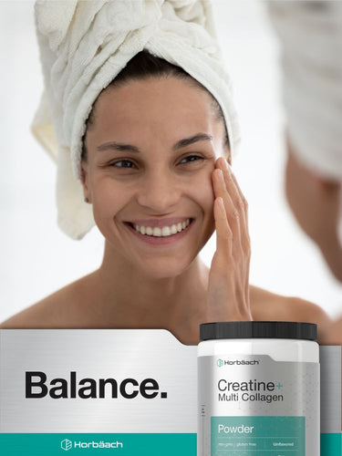 View 6 Woman with a towel on her head next to a container of Herb Bach Creatine Multi Collagen Powder