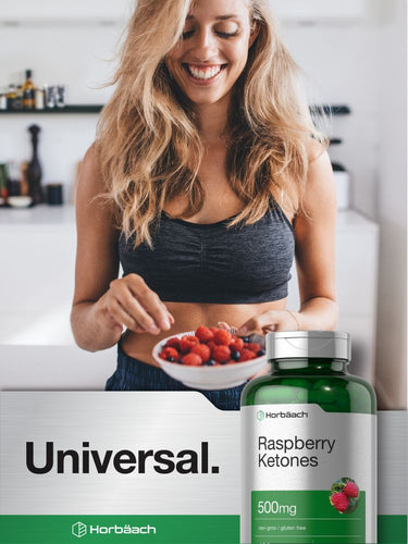 Woman in a kitchen with a bowl of berries and a bottle of Horbaach Raspberry Ketones supplement.