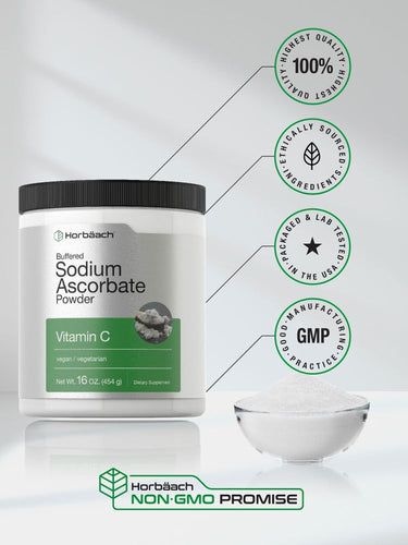 Horbaach Sodium Ascorbate Powder container with certification logos on a white background