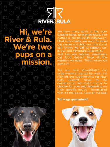 Advertisement for River & Rula cat supplements featuring two dogs on a black and orange background with brand logo.