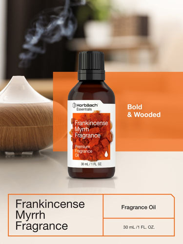 View 8 Horibaach Frankincense Myrrh Fragrance oil bottle with branding and product details on a blurred background.