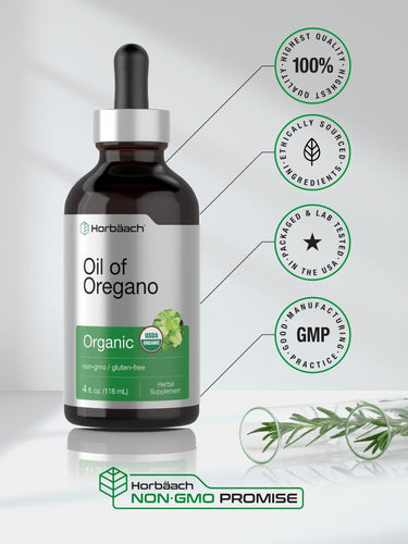 Bottle of Oil of Oregano with certification logos on a white background.
