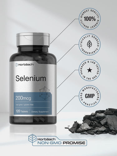 Bottle of selenium supplement with certification badges on a light background