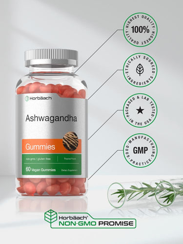 Bottle of Ashwagandha gummies with certification logos on a light background.