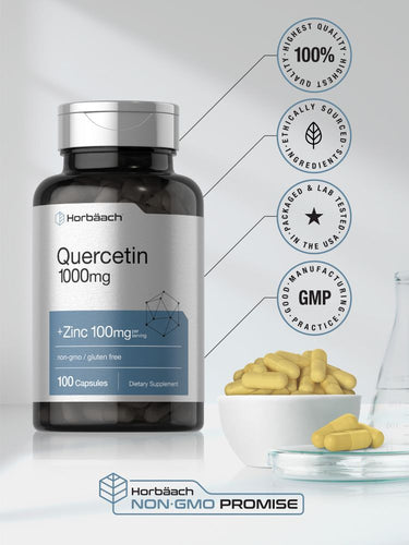 View 6 Horbaach Quercetin 1000mg with Zinc 100mg supplement bottle on a white background