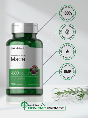 View 6 Green bottle of maca supplement with certification logos on a white background