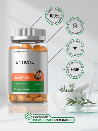 Turmeric gummies bottle with certification logos and herbs in the background