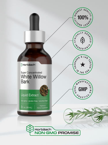 View 6 Bottle of Harbäsch White Willow Bark Liquid Extract with certification logos on a white background