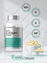 Collagen protein supplement bottle with bowl of capsules and certification logos.