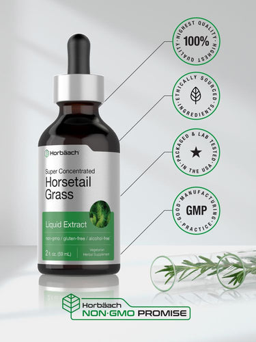 View 6 Horsetail Grass liquid extract bottle with certification logos on a white background