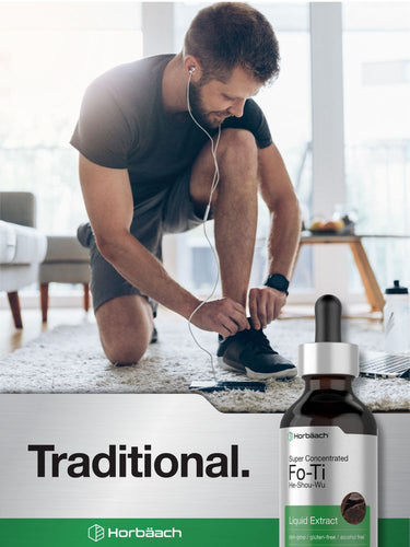 Man tying his shoe with a bottle of Horbaach Fo-Ti Liquid Extract in the foreground.