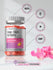 Bottle of Hair, Skin & Nails gummies with pink tablets and branding elements on a light background.