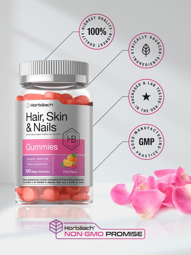 View 6 Bottle of Hair, Skin & Nails gummies with pink tablets and branding elements on a light background.