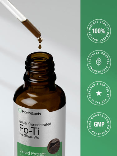 View 7 Bottle of Super Concentrated Fo-Ti He-Shou-Wu Liquid Extract with dropper and green certification badges.