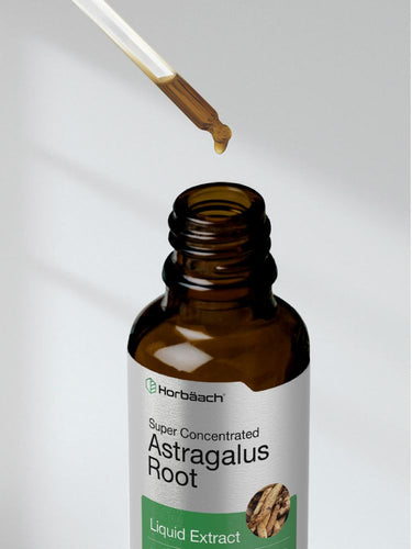 Brown bottle labeled 'Super Concentrated Astragalus Root' with dropper on white background