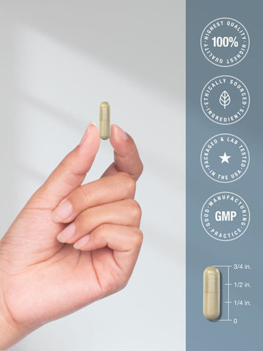 View 7 Hand holding a vitamin capsule with product details on a gray background