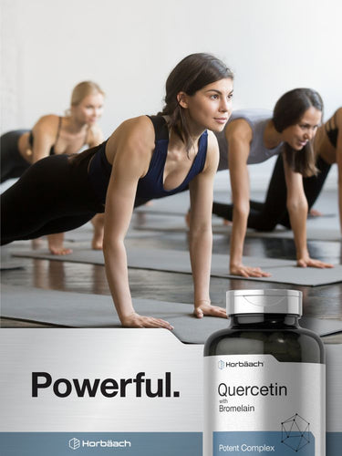 View 7 Woman exercising with a bottle of Quercetin supplement in the foreground
