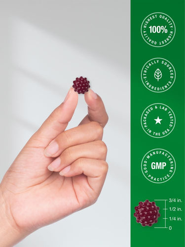 View 7 Hand holding a small red berry with certification logos and text on a green background