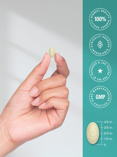 View 7 Hand holds an oval, light yellow CL Collagen Complex Plus tablet embossed with 'C'. Quality claims and size guide shown.