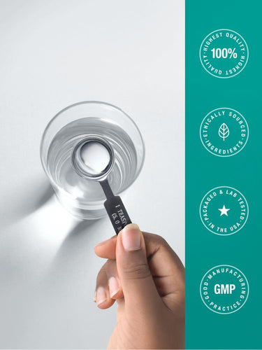 View 7 Hand holding a spoon with a product over a glass of water, with certification logos on a teal background.