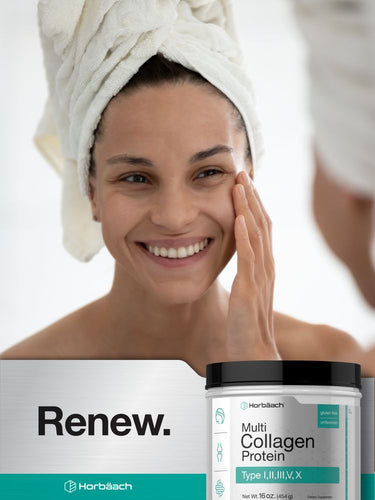 View 7 Woman applying multi collagen protein with product packaging in foreground