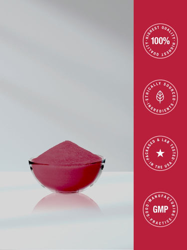 View 7 Red powder in a glass container on a gray background with certification logos on a red sidebar.