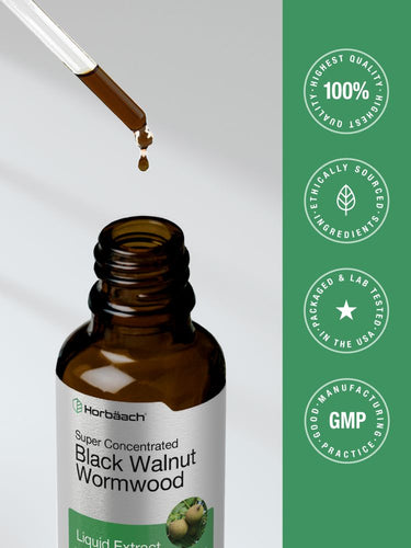 View 7 Brown bottle of black walnut wormwood with dropper and green certification badges.
