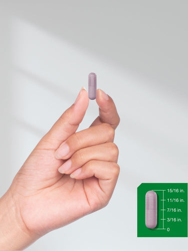 Hand holding a small purple cylindrical object with a measurement scale in the background.