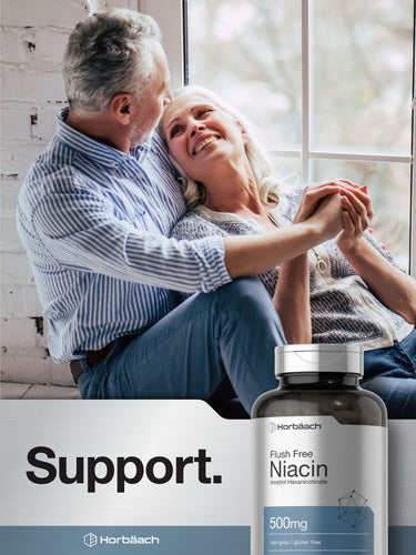 View 7 Couple embracing with a bottle of Niacin supplement in the foreground, featuring the brand 'Horbaach'.