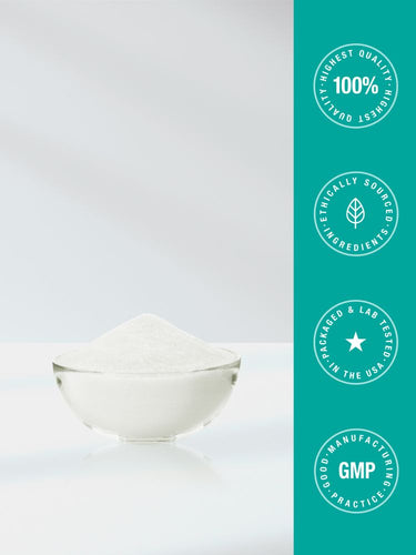 View 7 Bowl of white powder with certification logos on a teal background
