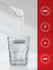 Powder being added to a glass of water with certification logos on a red background