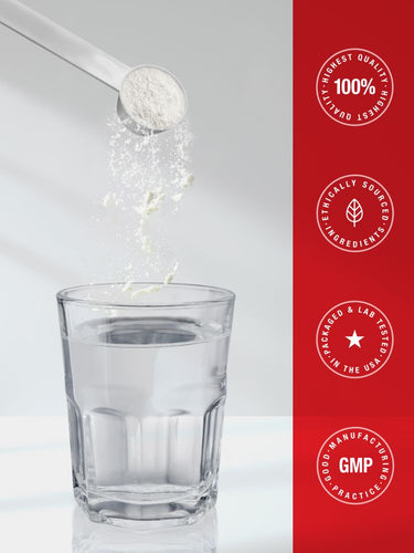 Powder being added to a glass of water with certification logos on a red background