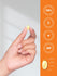 Hand holding a yellow supplement pill with product information on an orange background.
