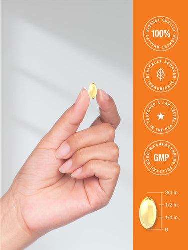 Hand holding a yellow supplement pill with product information on an orange background.