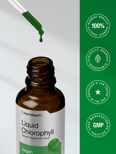Bottle of Herb Bach Liquid Chlorophyll with a dropper and certification logos on a green and gray background