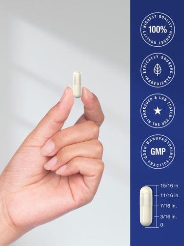 View 7 Hand holding a capsule with certification logos on a gray background