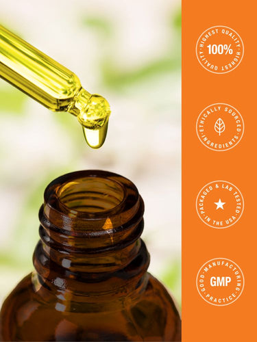 View 7 Brown glass dropper bottle with a droplet of liquid on an orange background with certification logos.