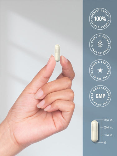 Hand holding a white capsule pill with product certification icons and text.