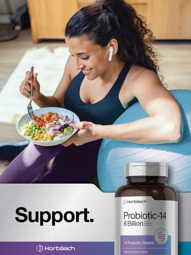 View 7 Woman eating a healthy meal with a bottle of Horbaach Probiotic-14 supplement in the foreground.